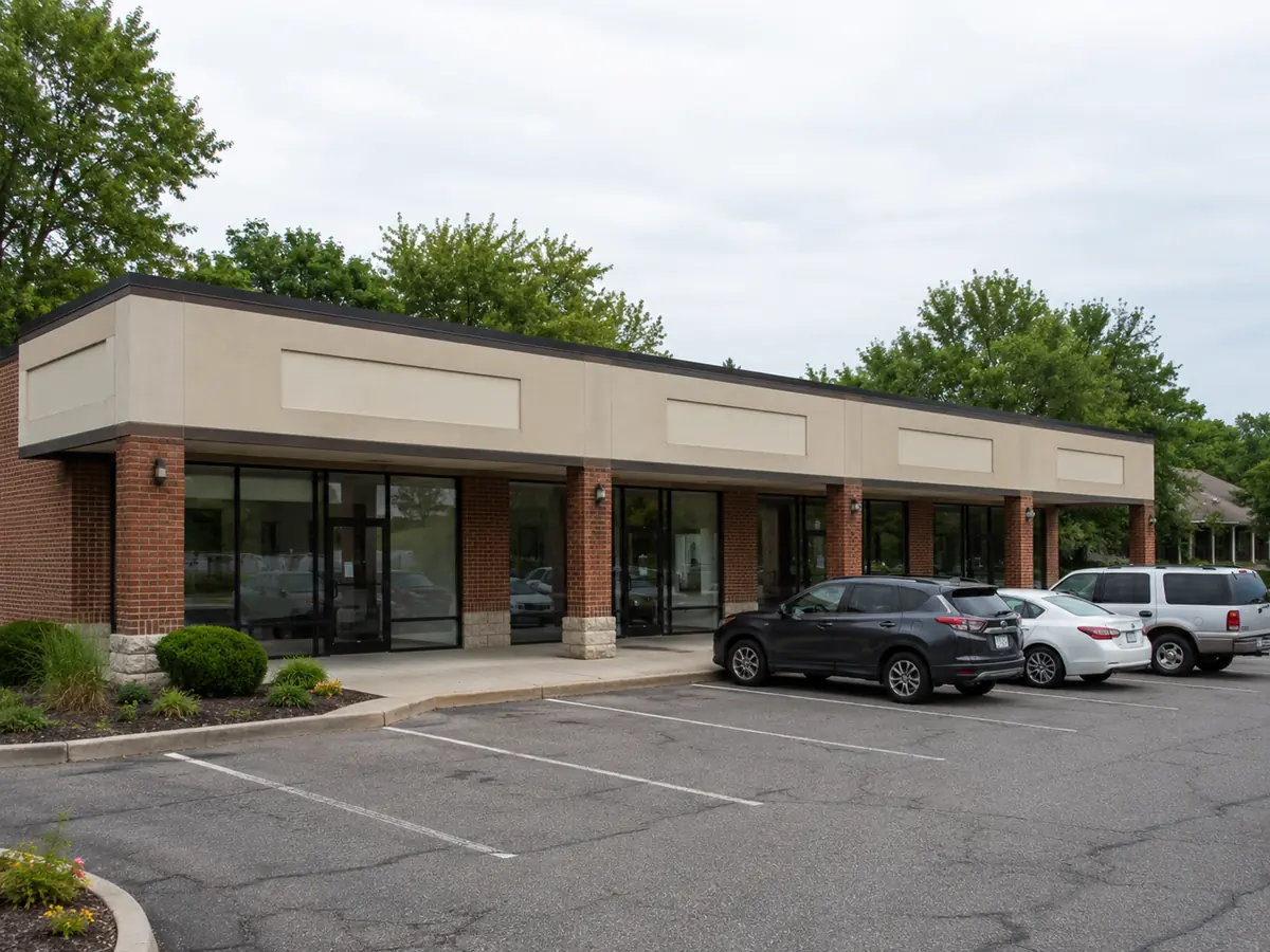 Small neighborhood retail strip center with glass storefronts under a continuous canopy